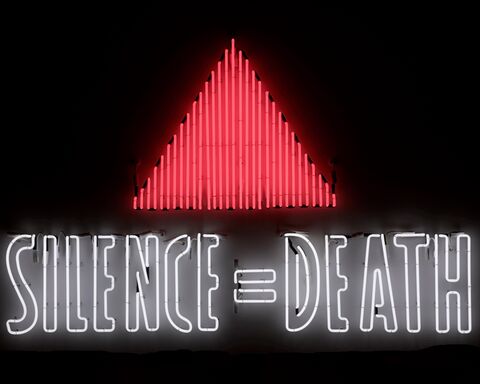  Gran Fury, Silence = Death, 1987. Neon, 123 x 194 cm. 
"Beyond Act Up's anger, there has always been a denunciation of the norm, of what should decide what is right, what is wrong, if our lives are right or not."